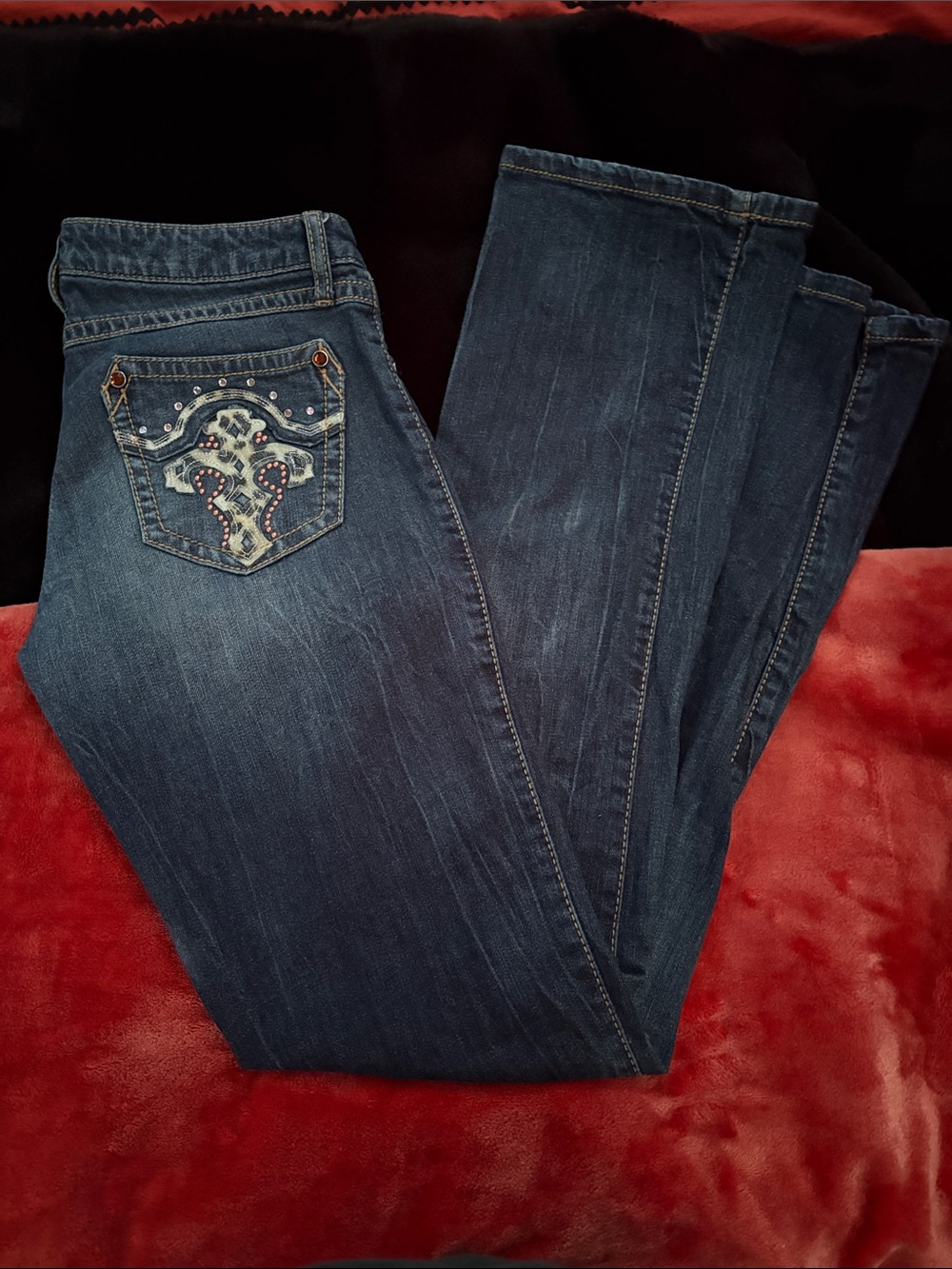 Embellished Dark Blue Bootcut Jeans with Rhinestone Back Pocket